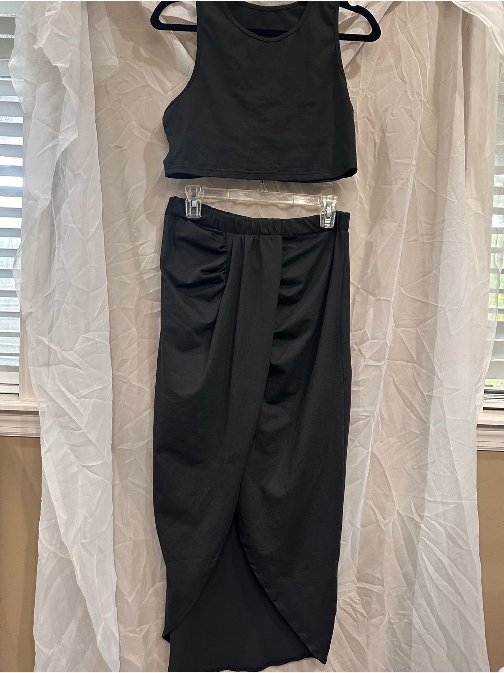 SHEIN Black Two Piece Crop Tank Top & Draped Tulip Midi Skirt